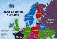 Карта самых распространенных фамилий в Европе карта