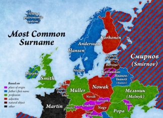 Карта самых распространенных фамилий в Европе карта